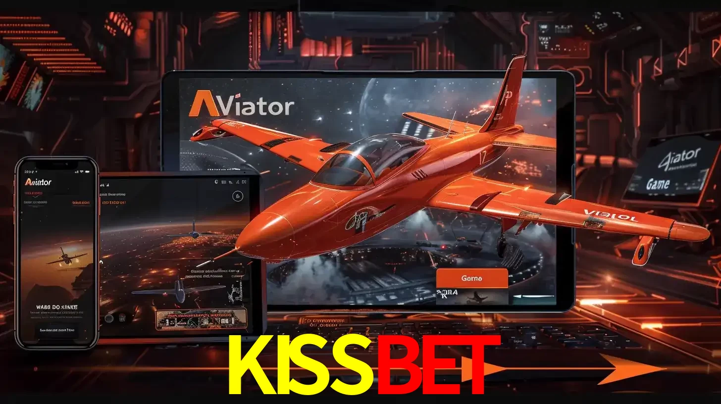 Apresentação tecnológica do jogo Aviator com um avião saindo da tela de um tablet, demonstrando a experiência imersiva em múltiplos dispositivos no KISSBET.