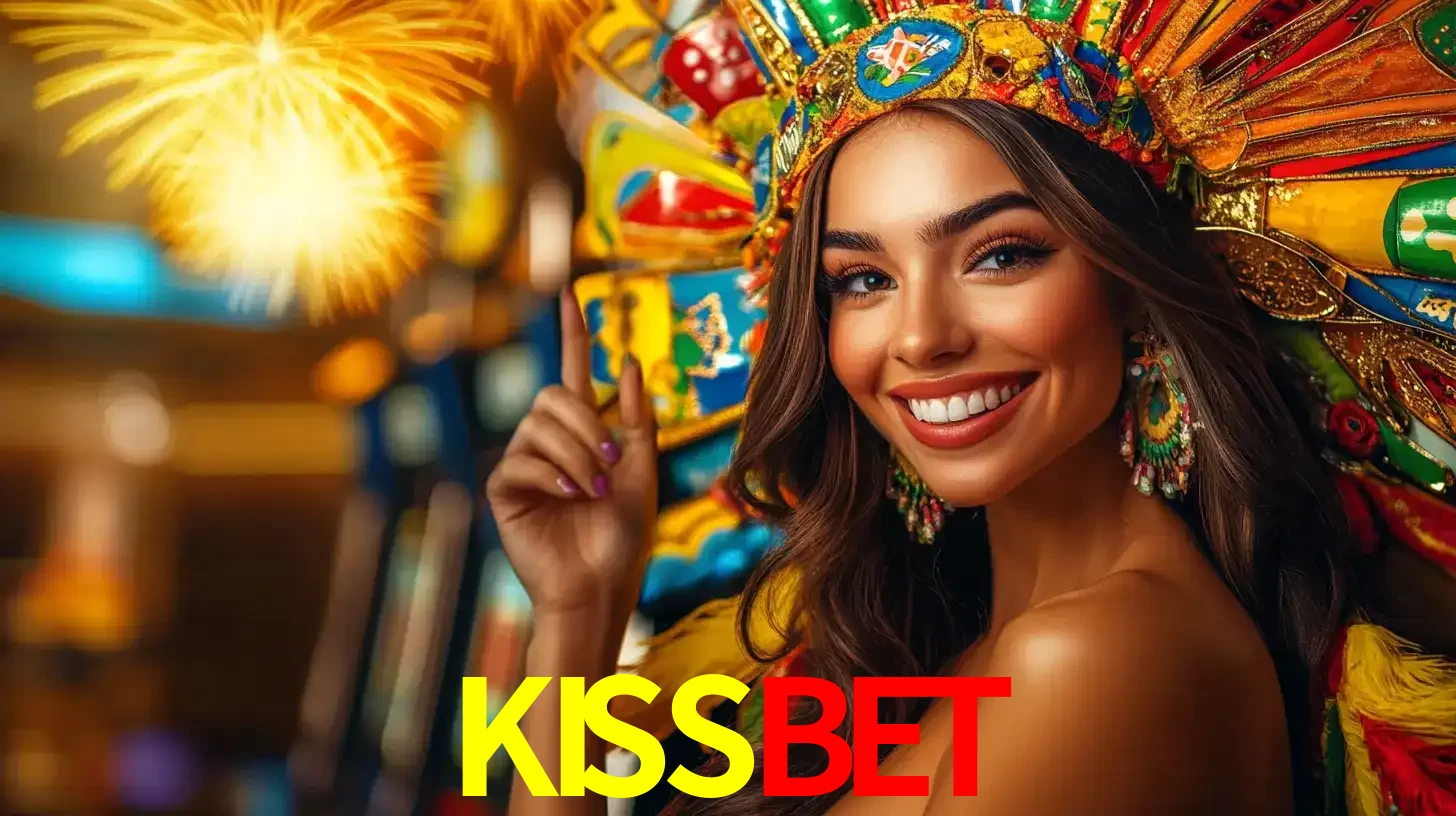 Mulher sorridente com um cocar de carnaval vibrante e colorido, celebrando uma grande vitória nos jogos do cassino KISSBET com fogos de artifício ao fundo.