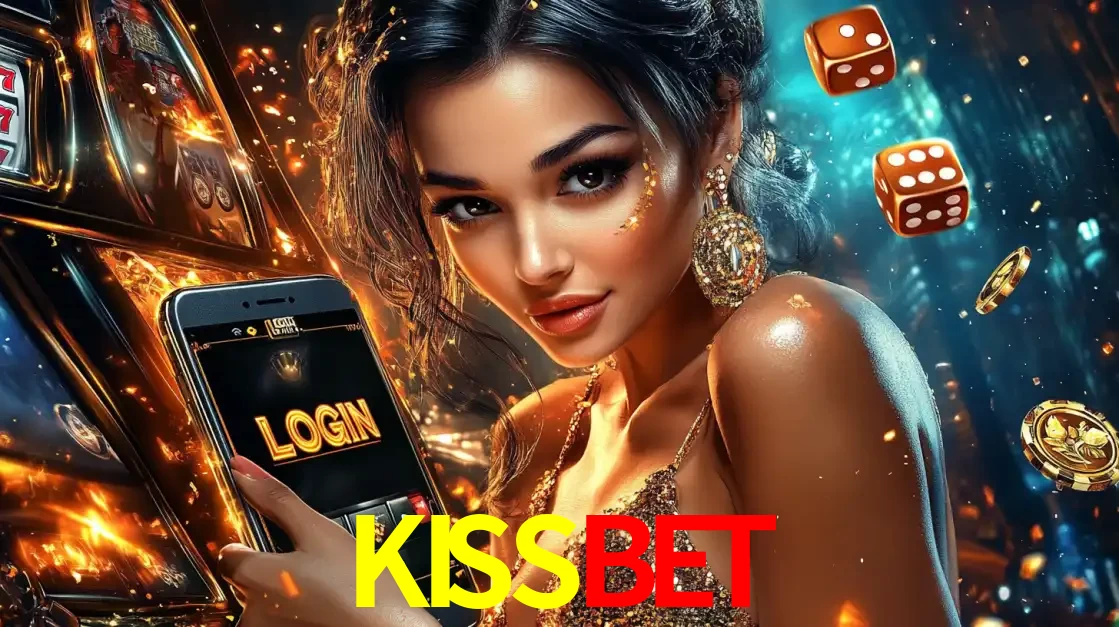 Mulher glamourosa segurando um celular com a tela de login do cassino KISSBET, rodeada por dados e moedas douradas, pronta para começar a diversão.