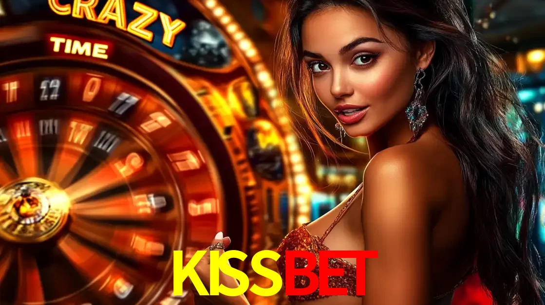 Mulher ao lado da roda de prêmios do jogo de cassino ao vivo Crazy Time, um dos shows de jogos mais emocionantes oferecidos pela plataforma de apostas KISSBET.