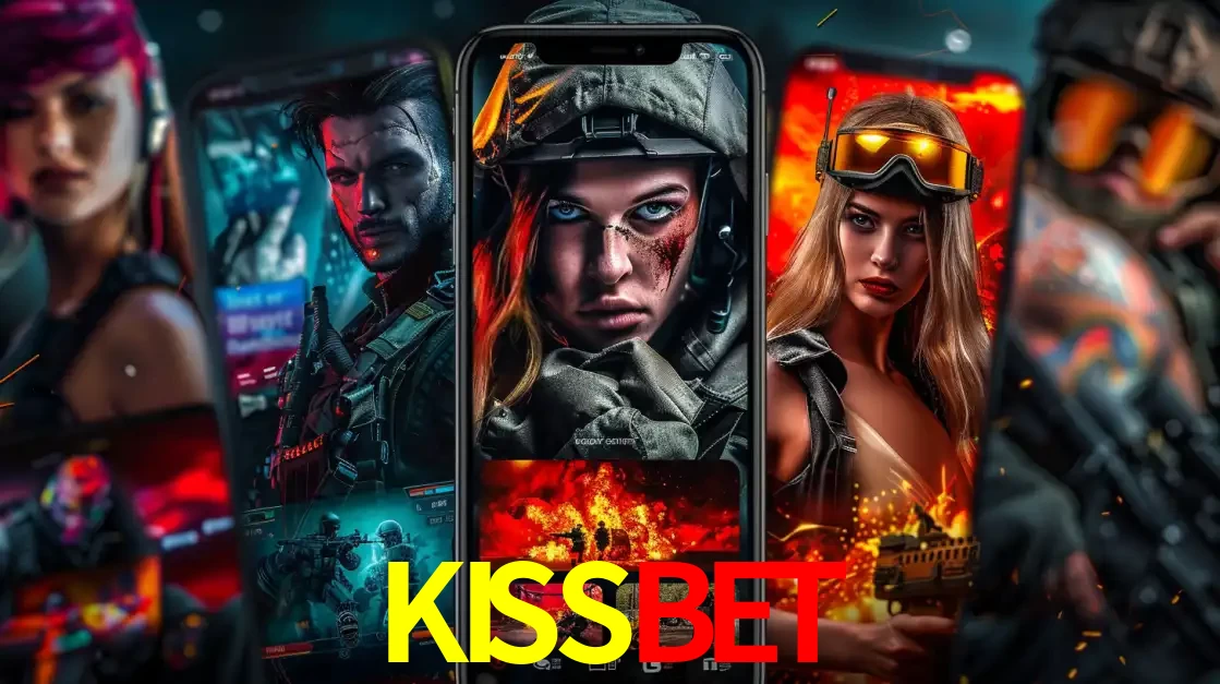 Montagem de telas de celular mostrando diversos personagens, masculinos e femininos, de um jogo de tiro, ilustrando a diversidade de equipes de e-sports para apostar no KISSBET.