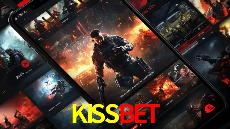 Tela de um celular exibindo uma galeria de jogos de tiro com temática militar, mostrando a variedade de e-sports disponíveis para apostas na plataforma de entretenimento KISSBET.