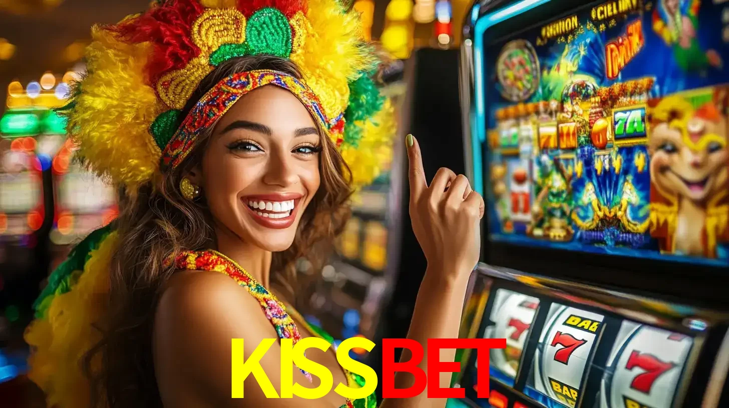 Mulher animada com um cocar de carnaval apontando para uma máquina de caça-níqueis, mostrando a emoção de ganhar um grande prêmio nos jogos do KISSBET.