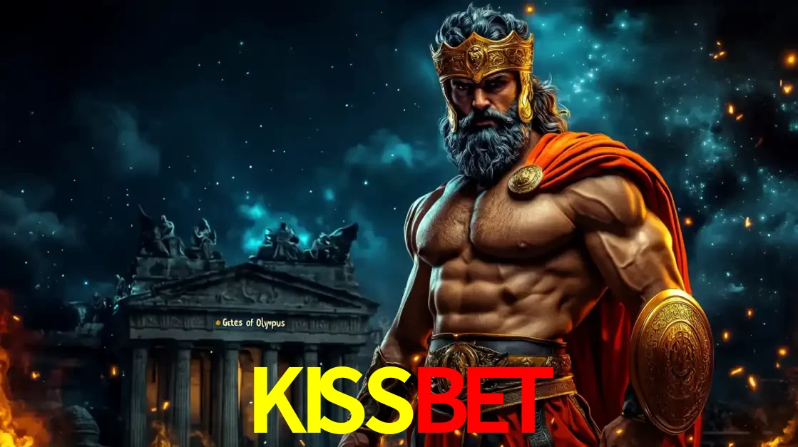 O poderoso Zeus do jogo de slot Gates of Olympus em frente ao seu templo, pronto para lançar multiplicadores divinos e prêmios épicos no cassino online KISSBET.
