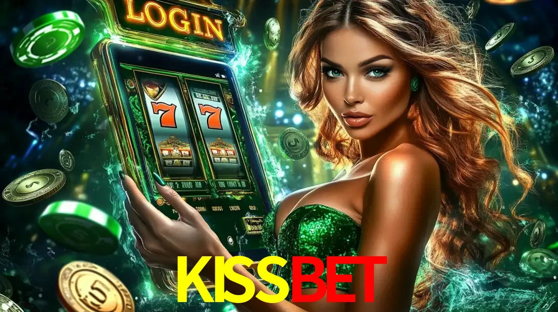 Mulher com tema verde apresentando o aplicativo do cassino KISSBET com um jogo de slot de 777, cercada por fichas de cassino e uma aura de sorte.
