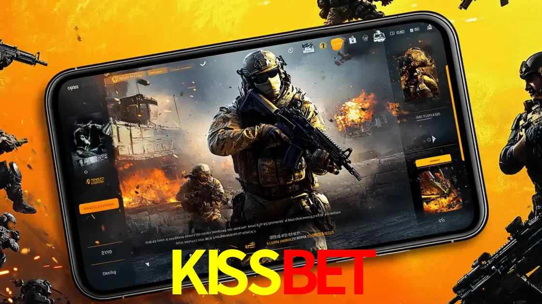 Um smartphone exibindo a interface de um jogo de tiro em primeira pessoa, com um soldado em um cenário de batalha, representando a ação dos e-sports para apostar no KISSBET.