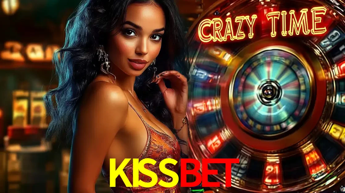 Mulher elegante ao lado da vibrante roda da fortuna do jogo de cassino ao vivo Crazy Time, um dos game shows mais populares e cheios de prêmios do KISSBET.