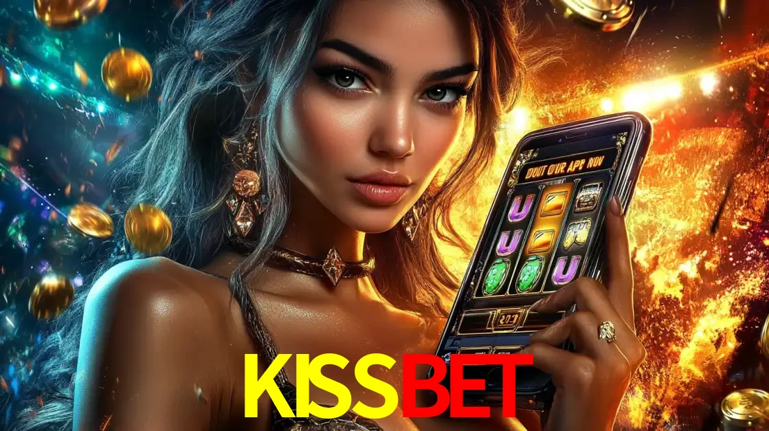 Mulher elegante mostrando um jogo de caça-níqueis em seu smartphone, destacando a experiência de cassino móvel oferecida pelo aplicativo KISSBET.