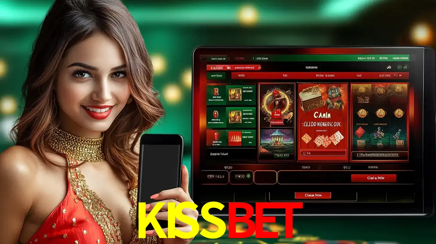 Mulher sorridente segurando um smartphone, ao lado de uma tela exibindo o lobby de jogos do cassino online KISSBET, com várias opções de jogos de cartas e slots.